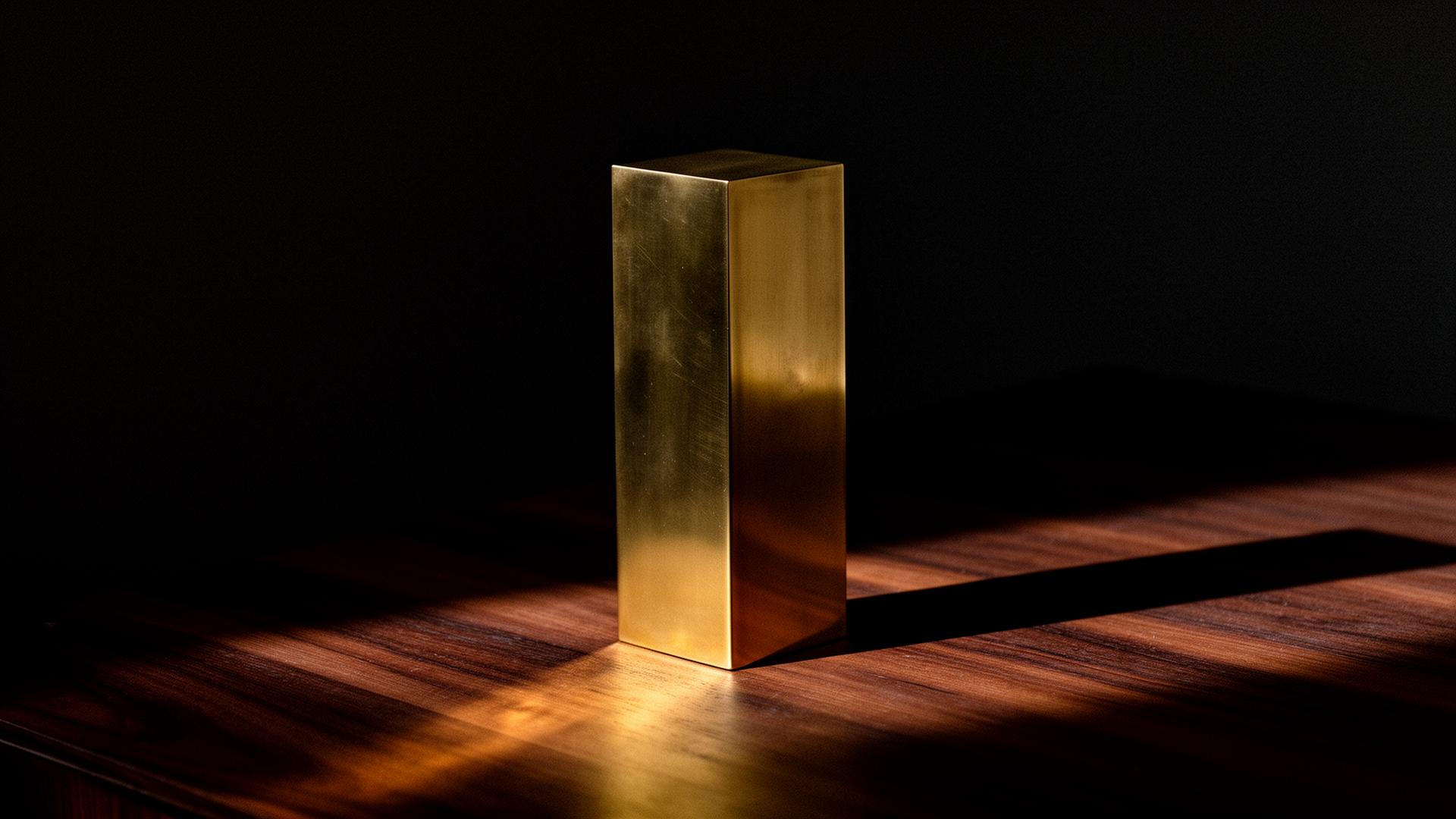 A solid brass monolith on walnut — a study in durability